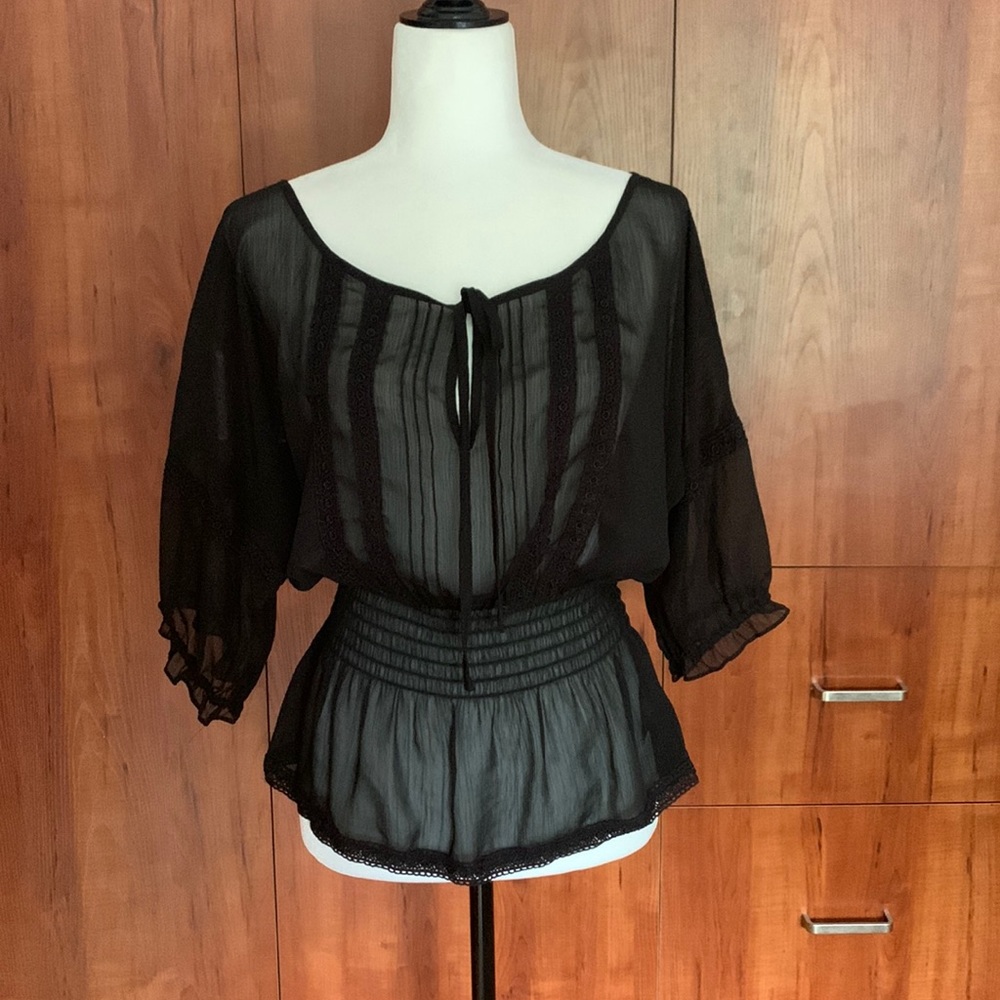 Guess Sheer Ruffle Boho Top/Blouse